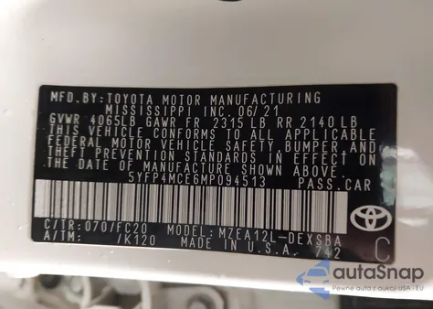 2021 Toyota Corolla Se z USA, uszkodzony, nr VIN 5YFP4MCE6MP094513